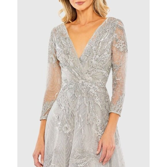 MAC DUGGAL SIZE  20 Gray EMBELLISHED WRAP 3/4 SLEEVE Cocktail Formal DRESS NWT - Picture 2 of 10